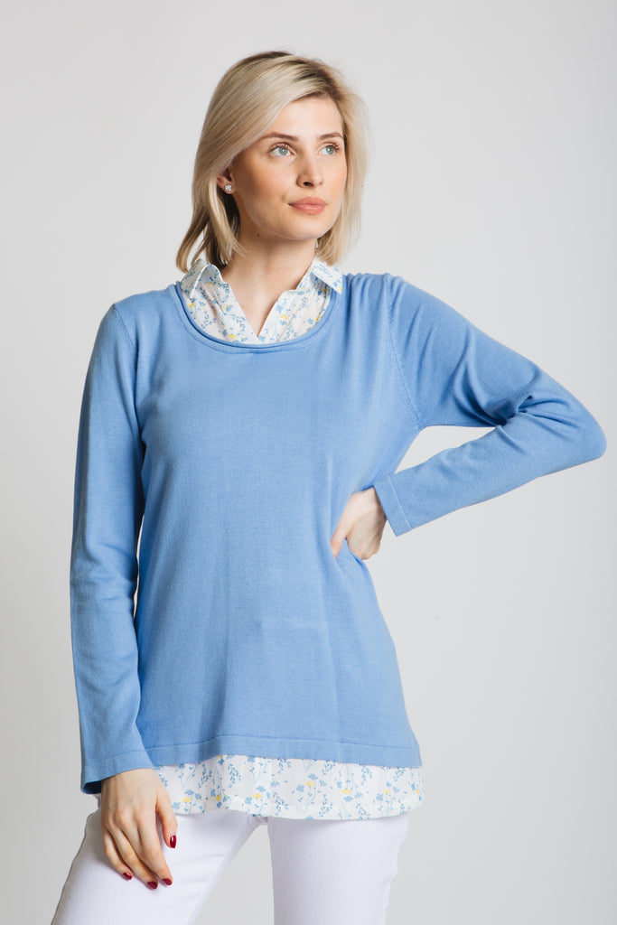 Our trademark chiffon shirt collar and tail sweater. Lovely scoop neck , long sleeve sweater with printed chiffon trim. Standard fit.