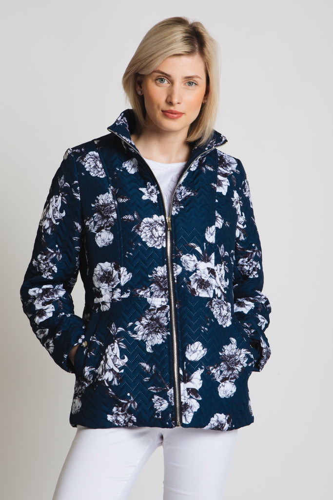 Embossed zig-zag quilt jacket in one of our new summer print, navy base with white floral.